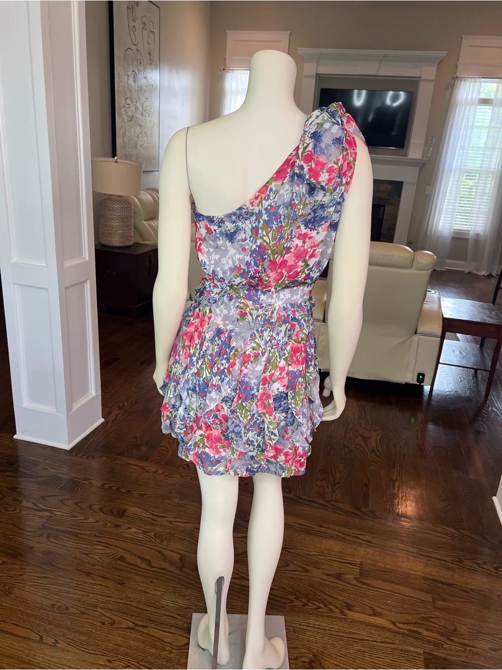 MM Couture One-Shoulder Floral Mini Dress in Pink, Purple, Blue - Picture 6 of 13